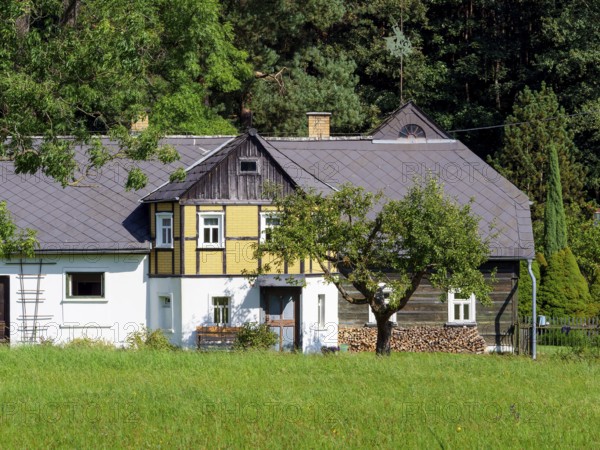 Old half-timbered houses, villages and green countryside, Marenice, Lusatian Mountains, Bohemia,