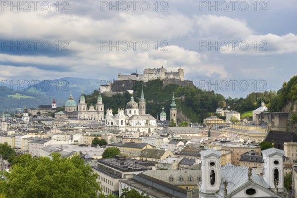View of Salzburg with Hohensalzburg Fortress in the background and the historic city centre in the