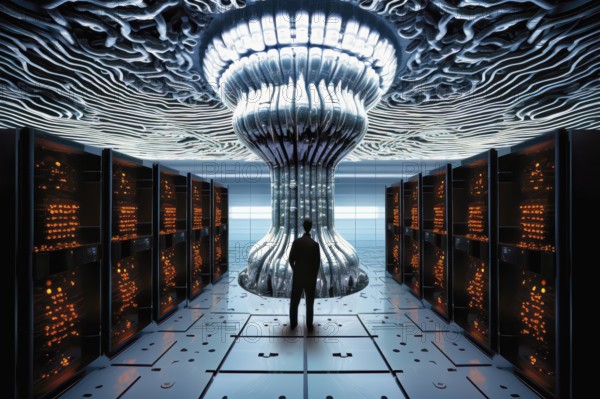 Futuristic data center driven by an artificial intelligence alien brain, AI generated