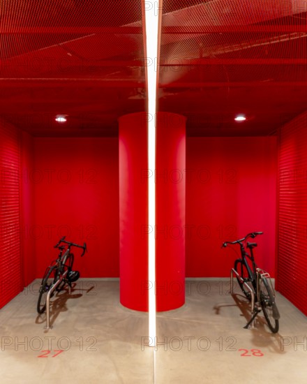 Underground car park for bicycles, redesigned Potsdamer Platz station, Sony Center, Berlin,