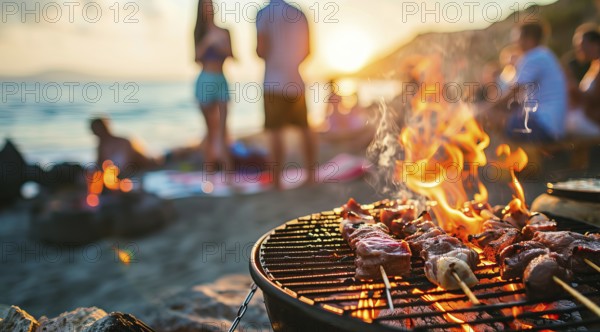 Barbecue BBQ family picnic party on the beach with skewers of meat and meat steaks over charcoal,