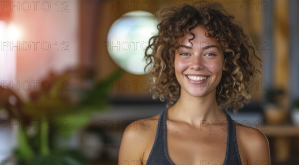 Yoga instructor in class for flexible yoga poses and mindful spiritual meditation relaxation, AI