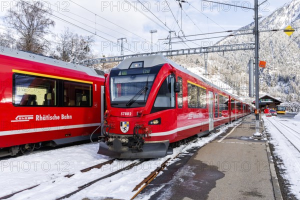 Rhaetian Railway trains on the Albula railway Stadler Rail passenger train at Filisur station,