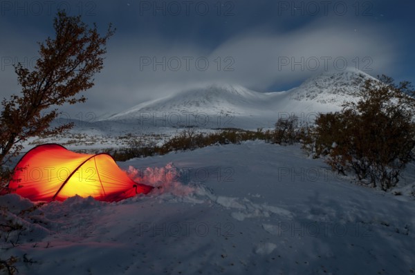 Tent in mountain landscape, Sarek National Park, World Heritage Laponia, Norrbotten, Lapland,