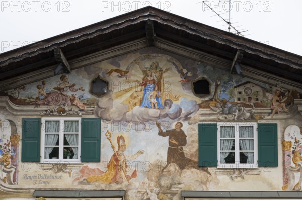 House gable with Lüftlmalerei, Garmisch, Garmisch-Partenkirchen, Upper Bavaria, Bavaria, Germany,