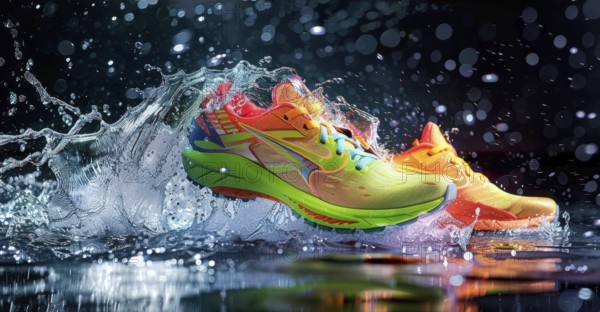 Colorful running shoes in splashes water. Shoes are bright. Water adds sense of energy to scene, AI