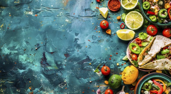 Mexican authentic food mix containing national cuisine items - fajitas, carnitas and tacos., AI