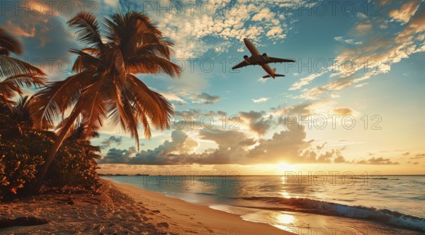 Concept of readiness for travel. Plane flying over sunset beach ocean shore., AI generated