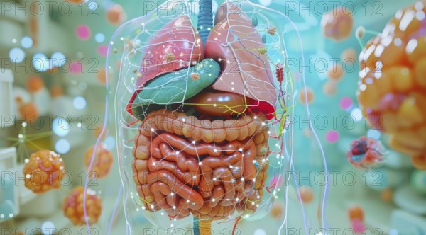 Person internal organs, stomach and intestines anatomy. Gastroenterology concept close up, AI