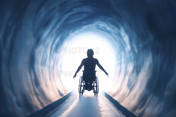 A person in a wheelchair on the way through a tunnel into the light, symbolic image for near-death