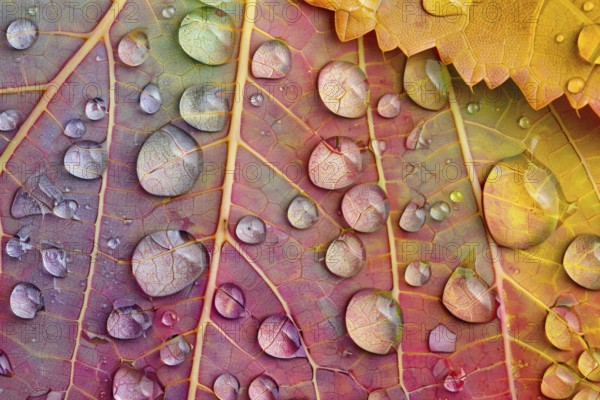 Close up of water droplets on pastel colored autumn leaves. Generative Ai, AI generated
