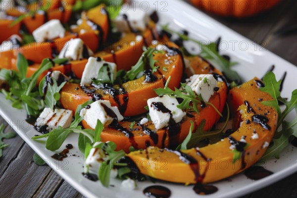 Baked pumpkin slices with rucola lettuce and feta cheese. Generative ai, AI generated
