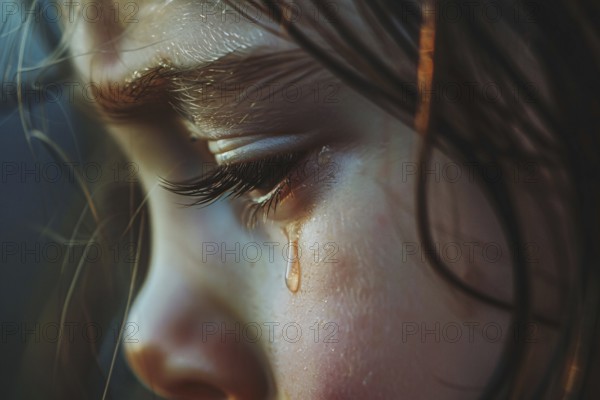 Close up of young gilf child crying tears. Generative Ai, AI generated