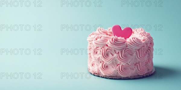 Pink cream cake with heart on pastel blue background with copy space. Generative Ai, AI generated