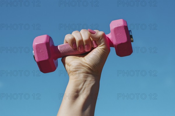 Woman's hand with pink nail polish holding pink dumbbell free weight in front of blue sky.