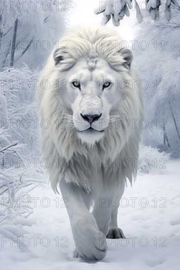 Portrait of a White Male lion in a snowy environment, AI generated