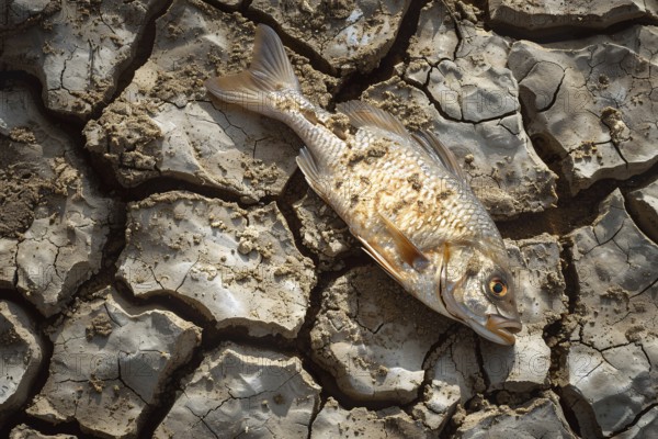 Dead fish on cacked dried up earth. Global warming and water scarcity concept. KI generiert,