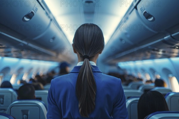 Back view of stewardess in blue uniform in airplane. KI generiert, generiert, AI generated