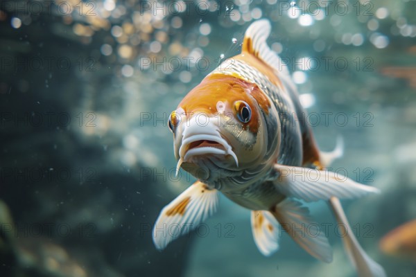 Close up of orange and white Koi carp swimming in water. KI generiert, generiert, AI generated