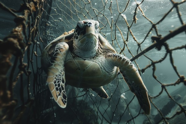 A sea turtle, hawksbill turtle caught in a fishing net, symbolic image for endangered species,