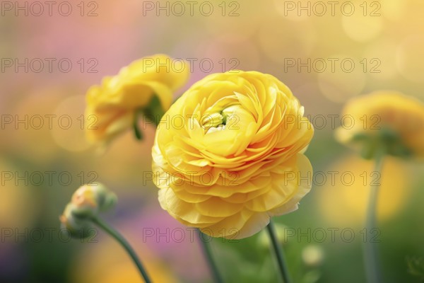 Yellow Ranunculus flowers on blurry background. KI generiert, generiert, AI generated