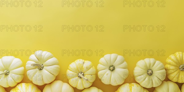 Banner with small yellow pumpkins on yellow background with copy space. Generative Ai, AI generated