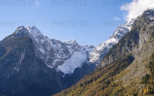 Snow-covered Watzmann massif, autumnal mountain landscape, Berchtesgaden National Park,
