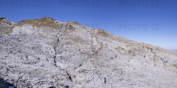 Mountain panorama of the Gottesacker plateau, a karst landscape and Hahnenköpfle, 2077m,