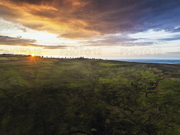 Sunset over Cod Beck Reservoir from a drone, North York Moors National Park, North Yorkshire,