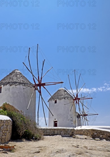 The windmills, the landmark of Mykonos, Cyclades island, Greece, Europe