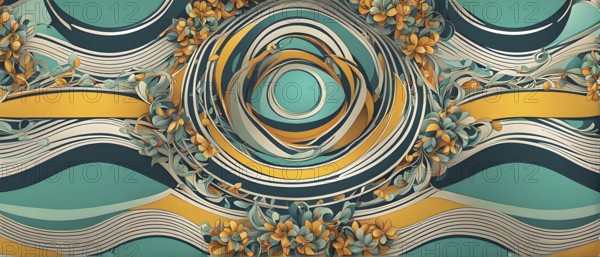 A whimsical abstract pattern with intertwined ribbons, eggs, and floral motifs, with a mix of sharp