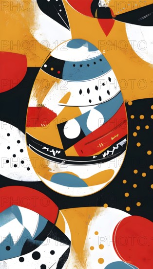 Illustration of an abstract Easter egg design with geometric patterns, bold colors, and a mix of