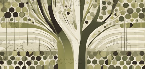 Abstract geometric tree with a circular canopy and a rectangular trunk, arranged in a clean,