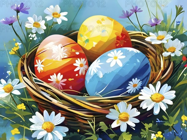 Illustration of of vibrant colored Easter eggs in a wicker basket, surrounded by delicate spring