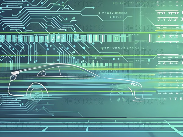 Sport car silhouette with vibrant green dynamic lines showing motion, surrounded by data streams,