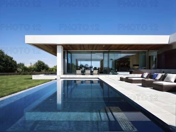 3d render of a modern sustainable house with a swimming pool, AI generated