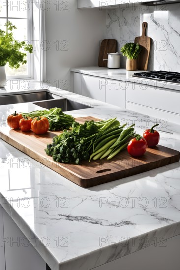 Minimalist kitchen with sleek, white cabinetry and a marble countertop, featuring a single wooden