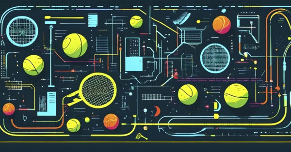 Vibrant mix of abstract circuitry intertwined with tennis balls, representing AI role in