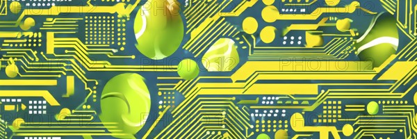 Vibrant mix of abstract circuitry intertwined with tennis balls, representing AI role in