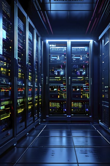 Modern server room filled with racks of computers and intricate installations, AI generated