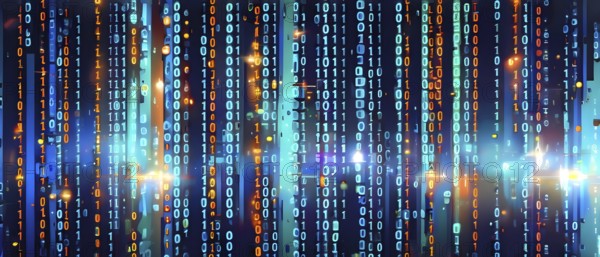 Binary code cascading down like digital rain, representing data insights, vibrant hues, AI