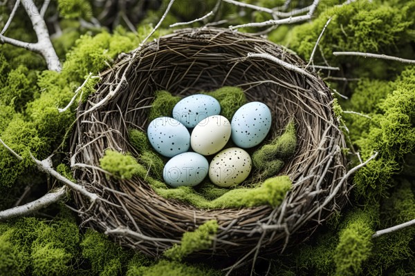 Bird nest filled with speckled eggs, nestled among fresh spring branches and soft moss, AI