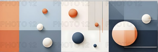 Minimalist composition of overlapping geometric shapes, such as circles, squares, and triangles,