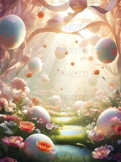 Surreal Easter scene with floating eggs, ribbons, and flowers in a dreamlike, whimsical composition