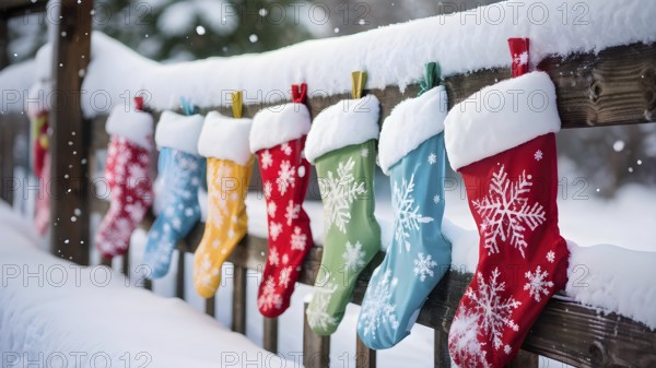 Row of Christmas stockings hanging from a snow-covered wooden fence, with delicate frost patterns