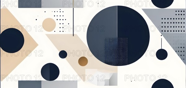 Minimalist composition of overlapping geometric shapes, such as circles, squares, and triangles,