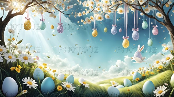 Surreal Easter scene with floating eggs, ribbons, and flowers in a dreamlike, whimsical composition