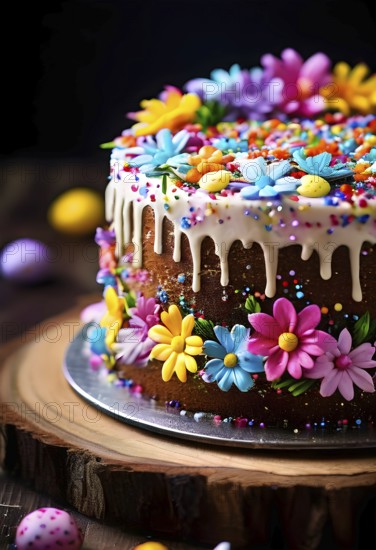 Decorated Easter cake with intricate icing flowers and colorful sprinkles, placed on a rustic