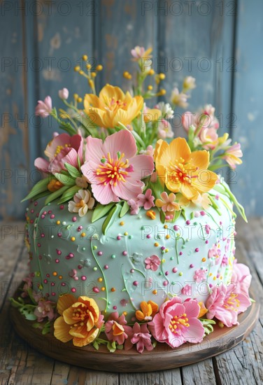 Decorated Easter cake with intricate icing flowers and colorful sprinkles, placed on a rustic