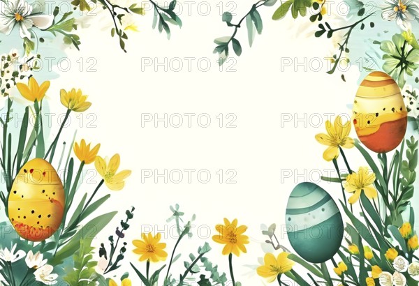 Abstract illustration of a Easter card with delicate colorful hand-drawn illustrations, empty space